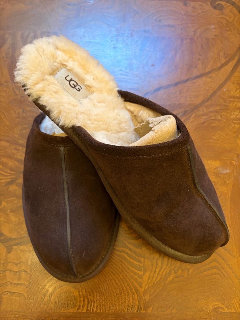 UGG Dark Brown Suede Shearling-Lined Slide Slippers
